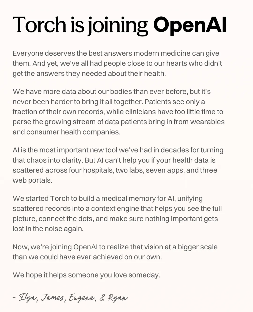 OpenAI斥资1亿美元收购医疗数据整合公司Torch，加速布局AI健康赛道