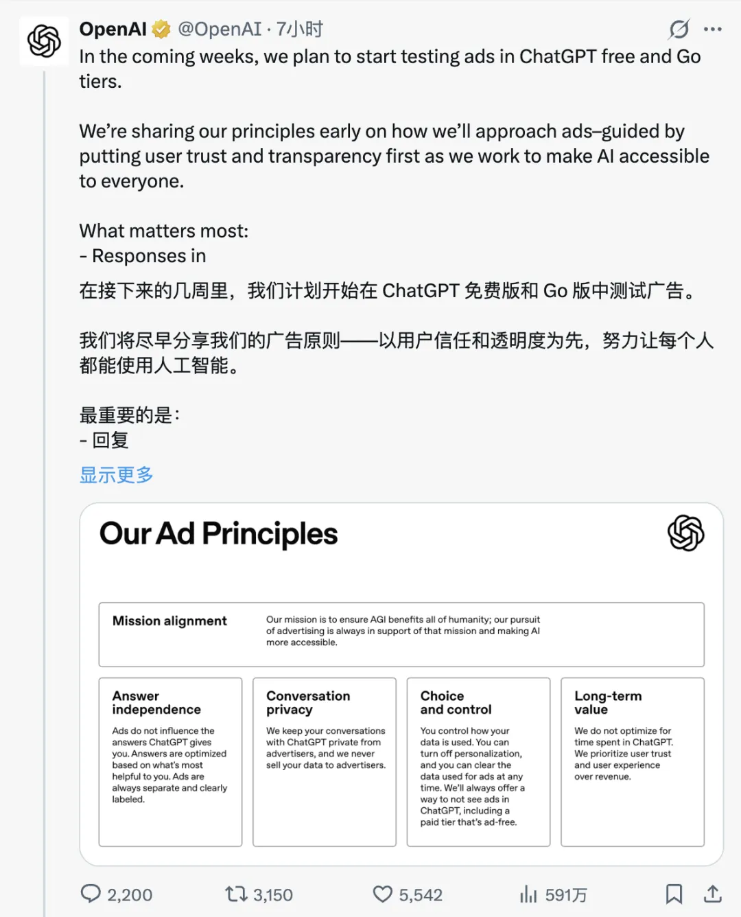 OpenAI官宣ChatGPT引入广告：免费版与ChatGPT Go套餐均受影响，付费高阶套餐保持无广告